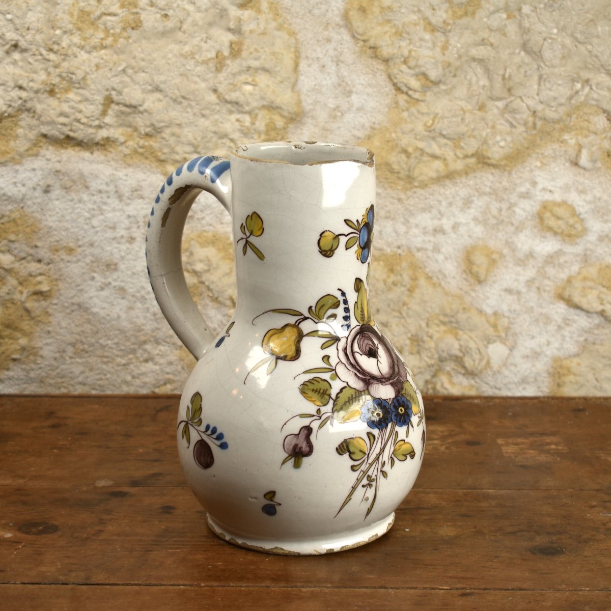 Meillonnas 18th Century - Earthenware Pitcher - Manganese Rose Decoration -photo-3