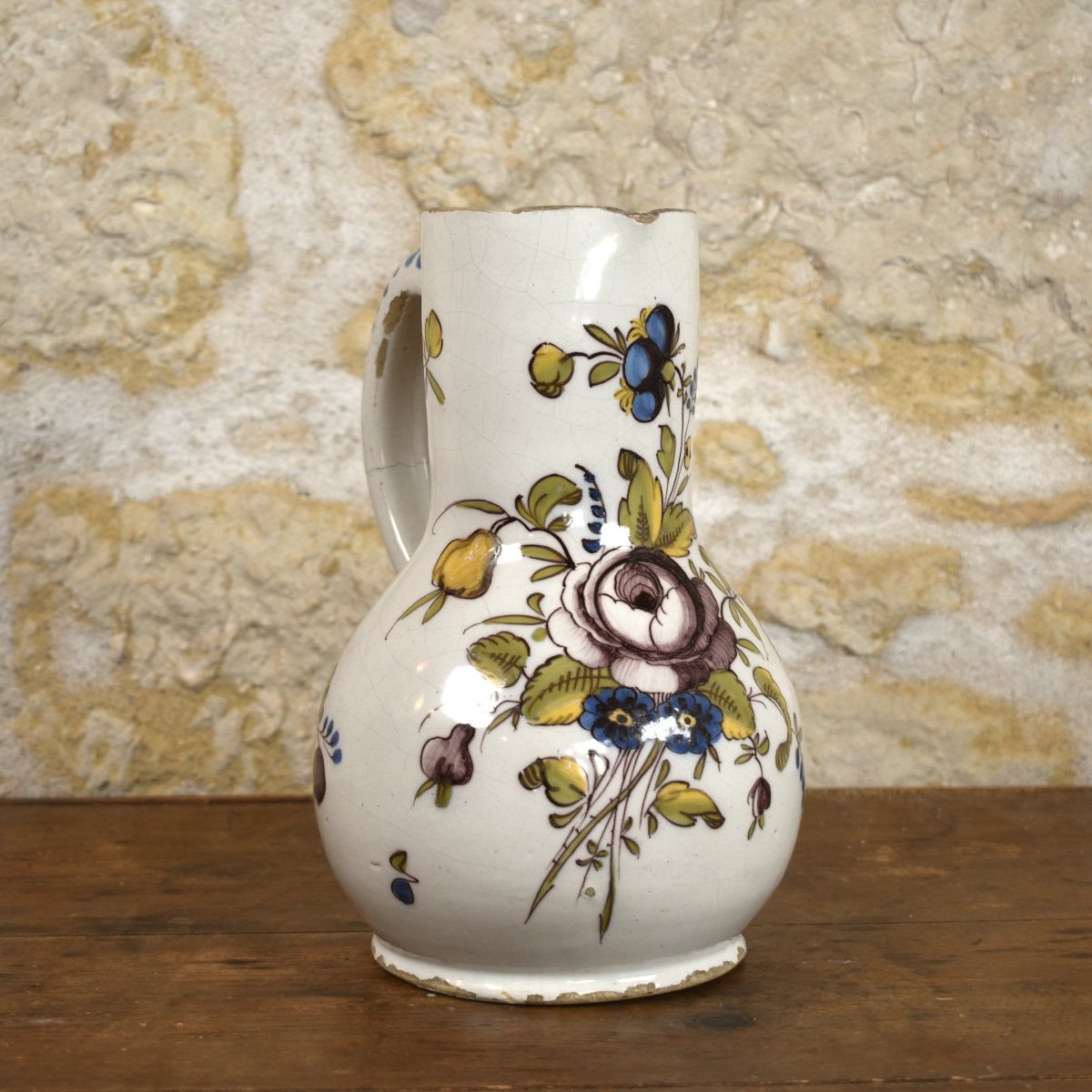 Meillonnas 18th Century - Earthenware Pitcher - Manganese Rose Decoration 