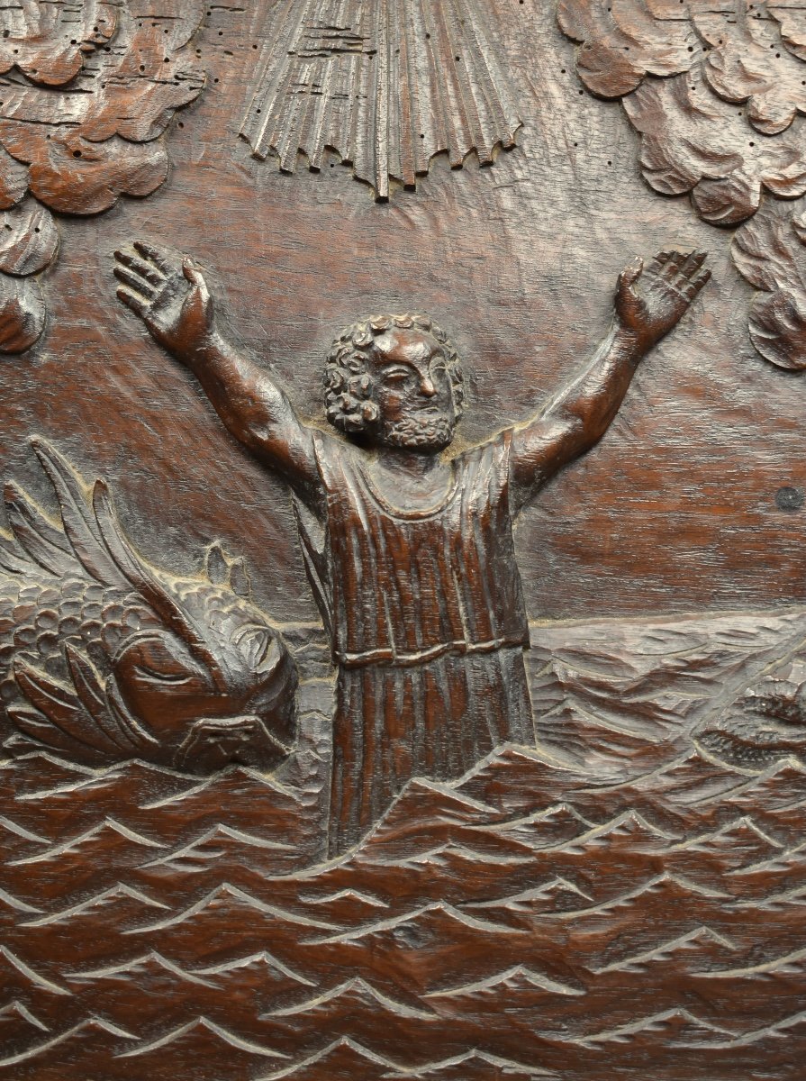 Jonah And The Whale - Carved Wooden Panel - Late 18th Century-photo-2