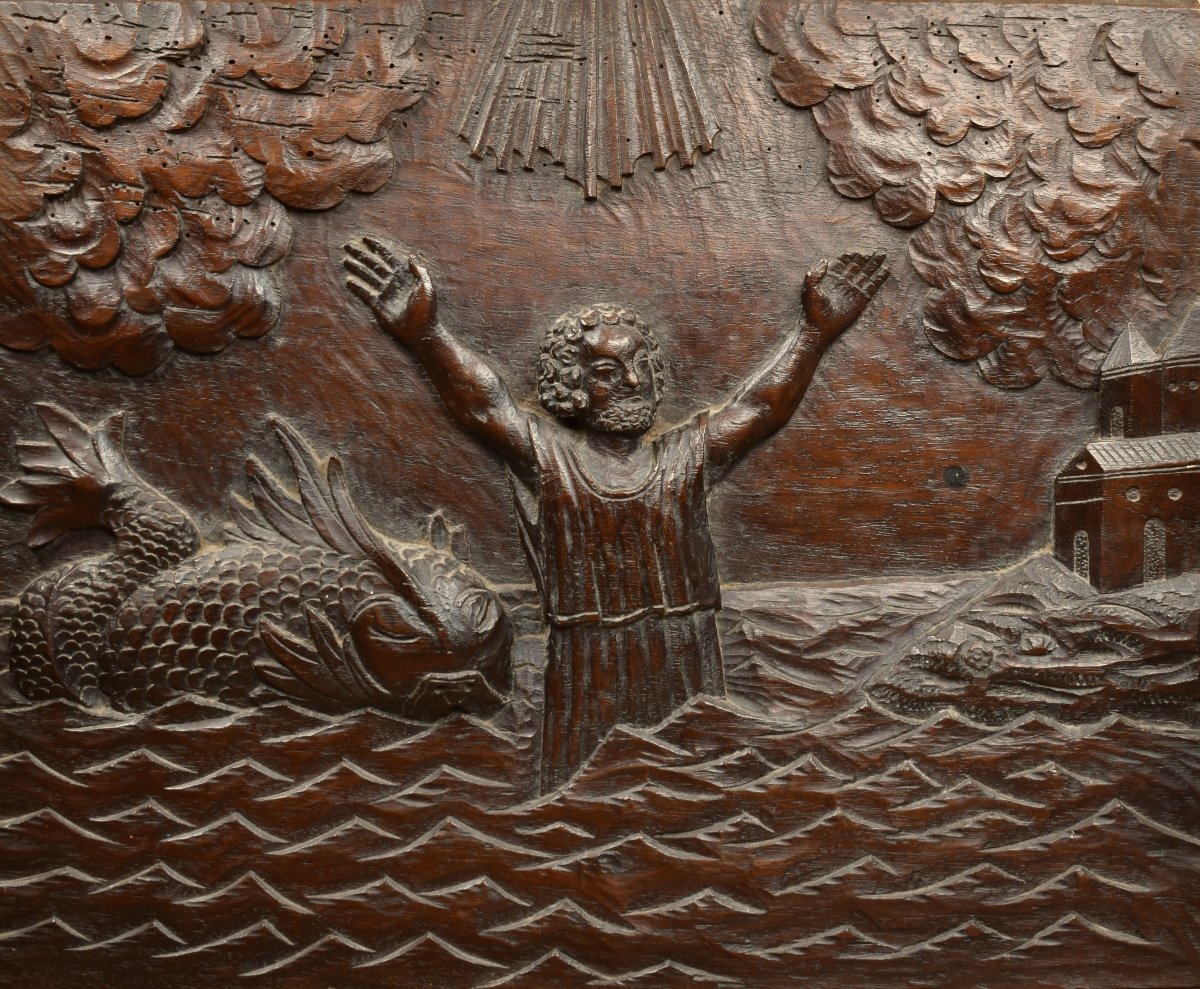 Jonah And The Whale - Carved Wooden Panel - Late 18th Century