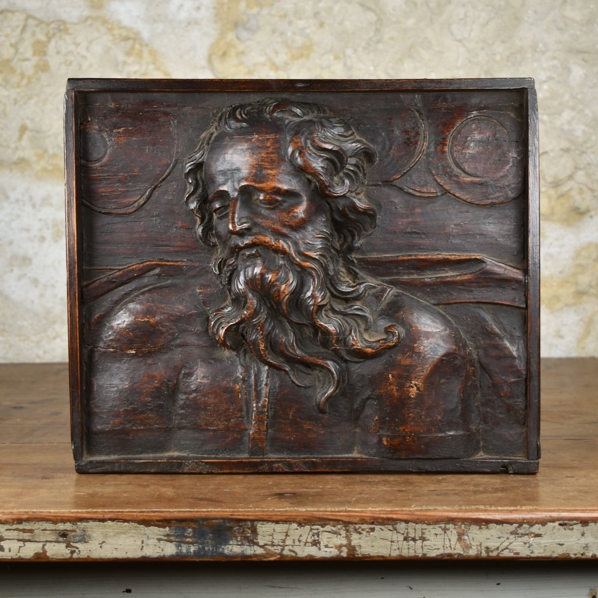 Portrait Of God The Father - Wooden Bas-relief - 17th Century-photo-3