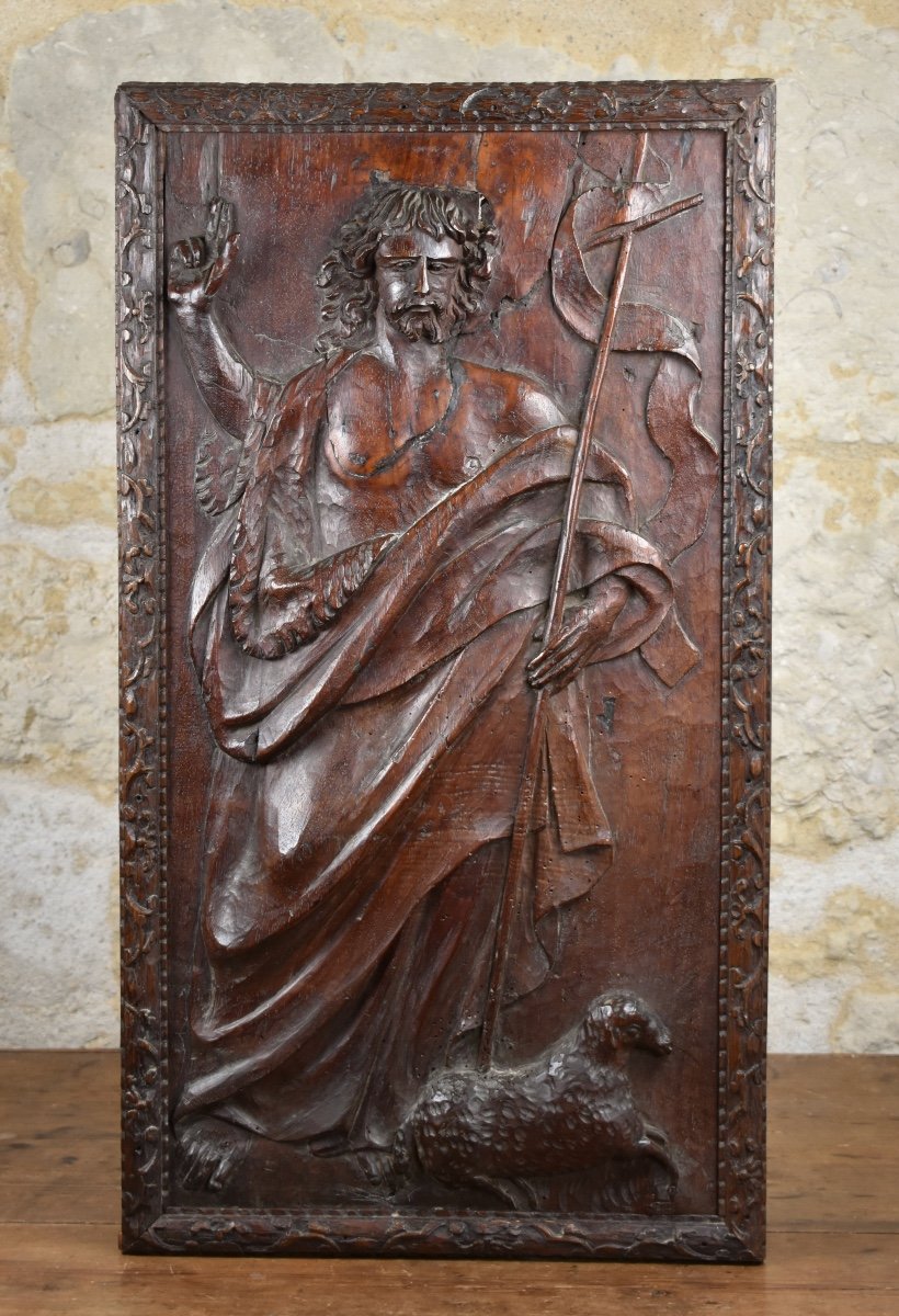 Saint John The Baptist And The Lamb Of God - Carved Wooden Panel - 18th Century-photo-2