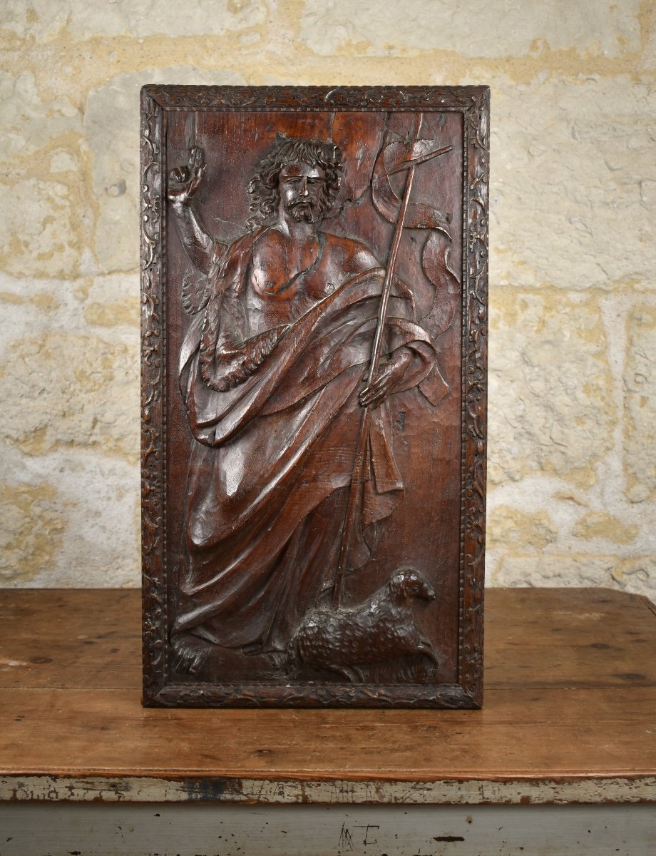 Saint John The Baptist And The Lamb Of God - Carved Wooden Panel - 18th Century-photo-3