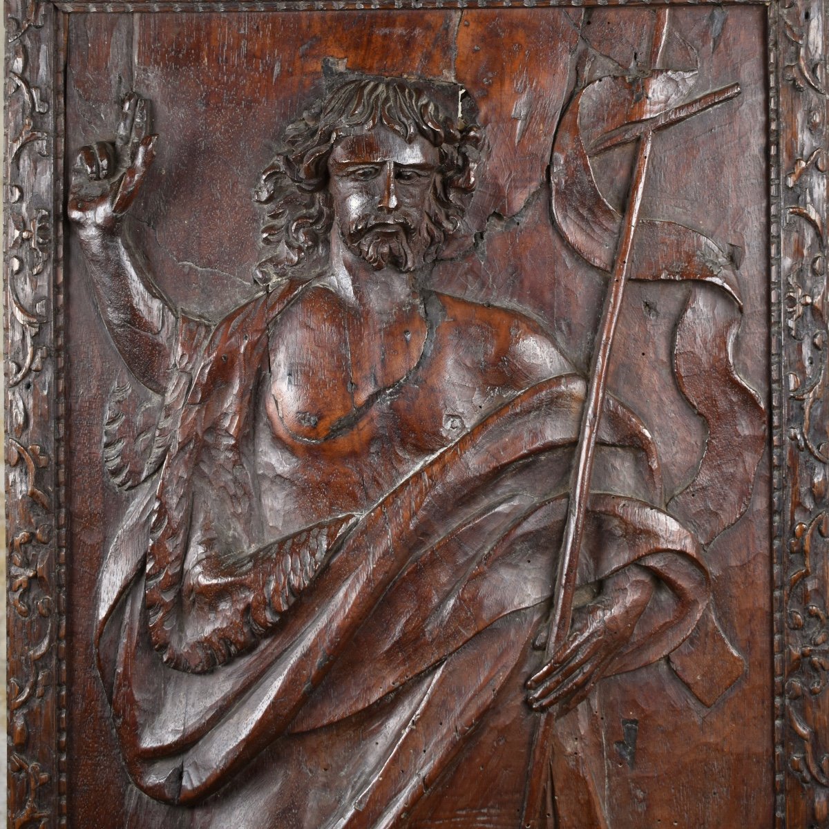 Saint John The Baptist And The Lamb Of God - Carved Wooden Panel - 18th Century-photo-4