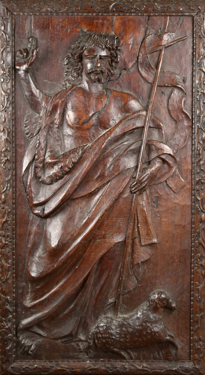 Saint John The Baptist And The Lamb Of God - Carved Wooden Panel - 18th Century