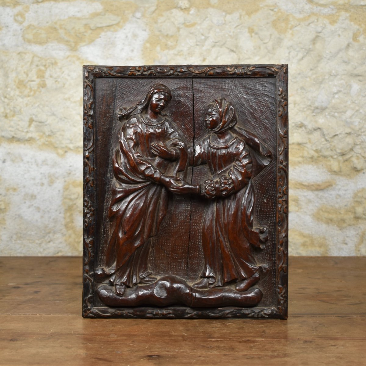 The Visitation - Carved Wooden Bas-relief - 18th Century-photo-2