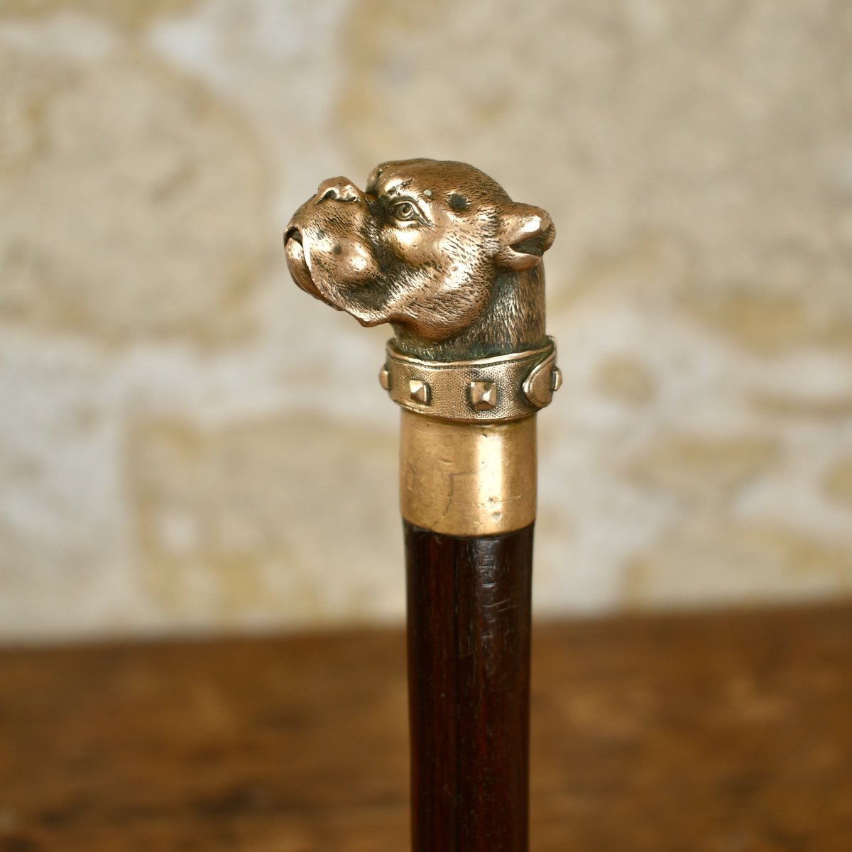 Self-defence Walking Stick With A Boxer Bronze Dog Head - Late 19th 