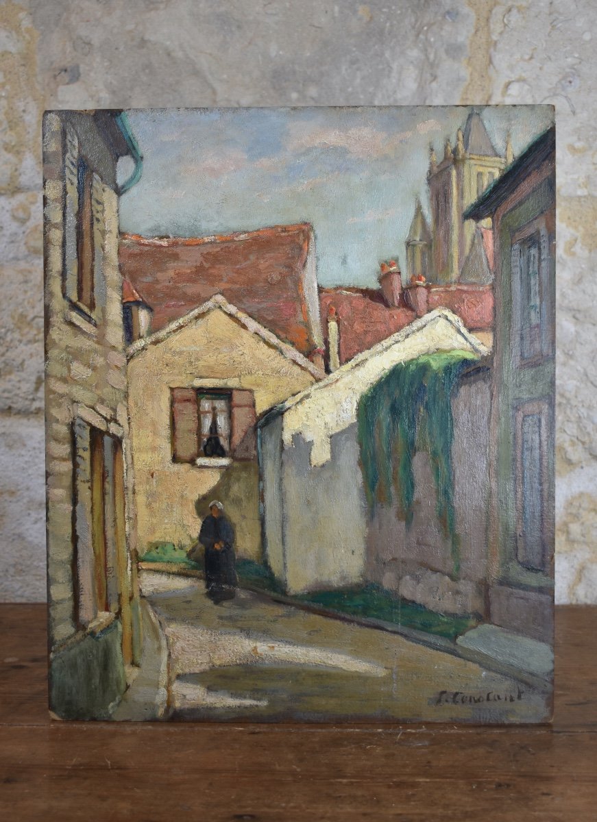 Joseph Constantinovsky (1892-1969) - Rue à Moret-sur-Loing - huile sur panneau-photo-2