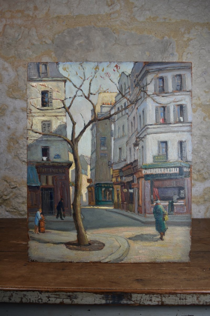 Joseph Constantinovsky (1892-1969) - Paris, vue place de la Contrescarpe - huile sur isorel-photo-2