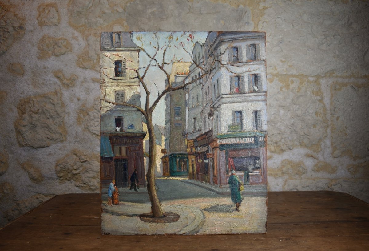 Joseph Constantinovsky (1892-1969) - Paris, vue place de la Contrescarpe - huile sur isorel-photo-3