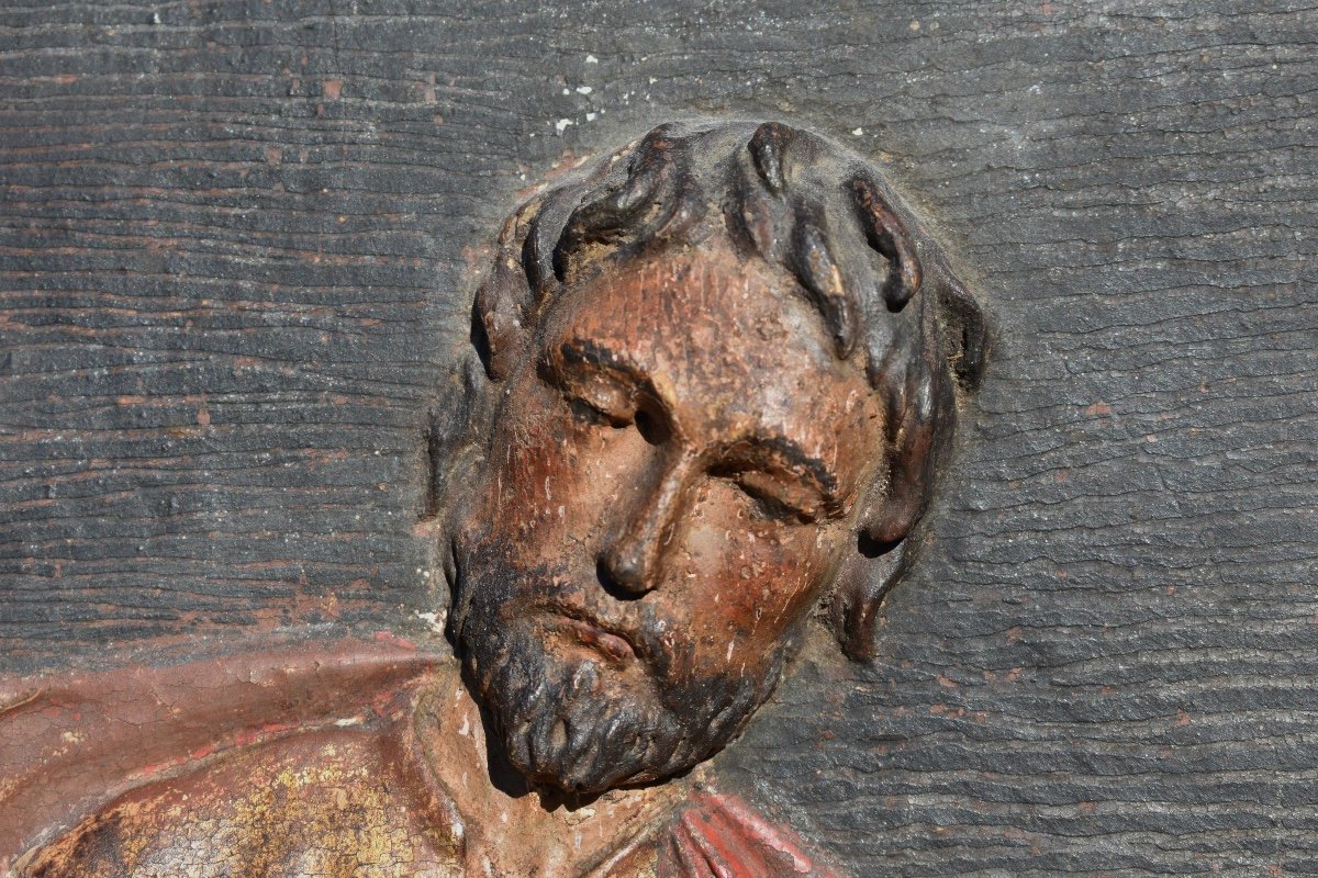 Saint Joseph et l'Enfant Jésus - Panneau de retable bas-relief bois polychrome XVIIe (?) - -photo-3