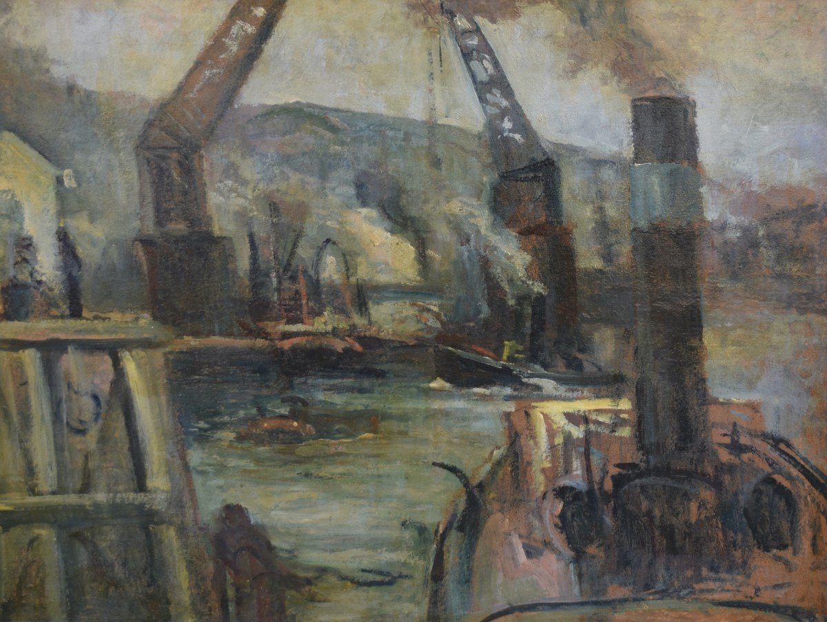 Vue d'un port industriel - Rouen ? La Seine ? - Ecole moderne XXe - Huile sur toile-photo-2