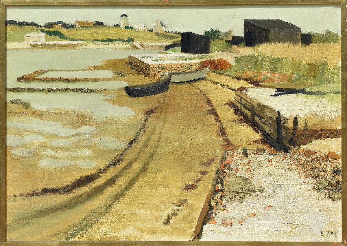 Jacques Eitel (1926-2006) - Paysage c&ocirc;tier &agrave; &Eacute;tel Morbihan Bretagne -  Huile sur toile-photo-2