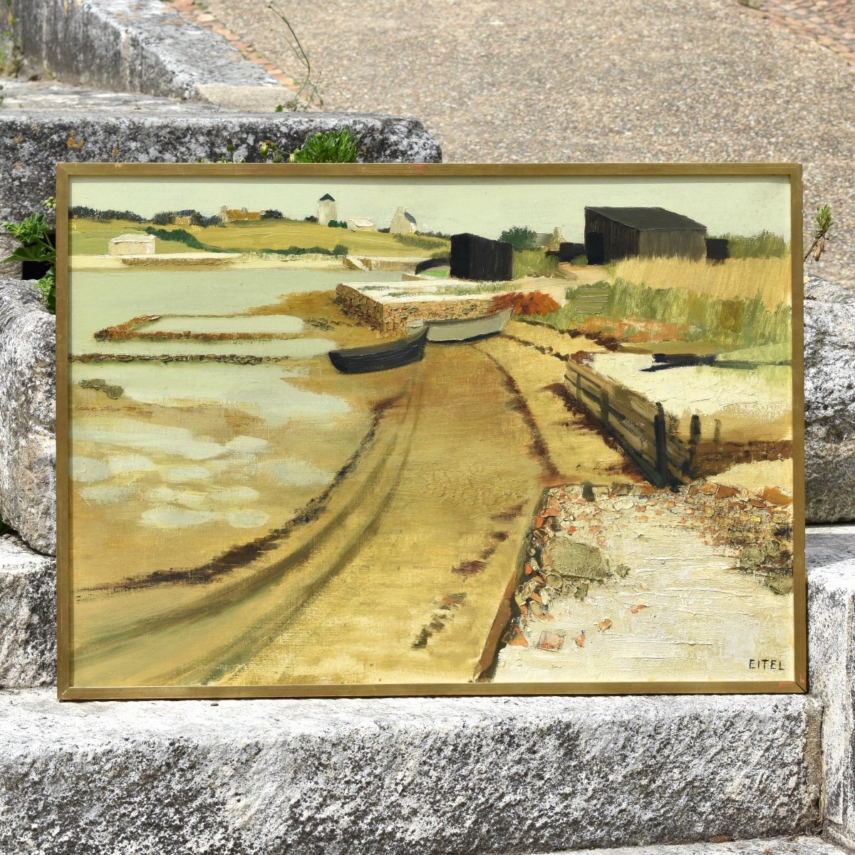 Jacques Eitel (1926-2006) - Paysage c&ocirc;tier &agrave; &Eacute;tel Morbihan Bretagne -  Huile sur toile-photo-3