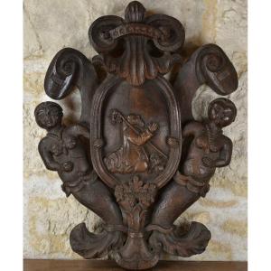 Carved Wooden Coat Of Arms - Bishop And Mermaids - Late 17th Century