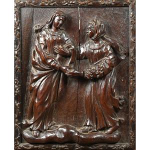 La Visitation - bas relief en bois sculpté - XVIIIe