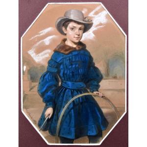 French School - Boy With Hoop - Pastel From The Louis-philippe Period 