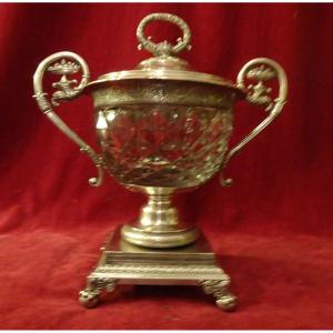 Covered Sugar Bowl In Lined Metal And Crystal Restoration Period