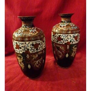 Pair Of Japanese Vases In Cloisonné Enamels Late 19th Century