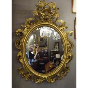 Miroir Ovale En Bois Stuqué Et Doré d'époque Second Empire