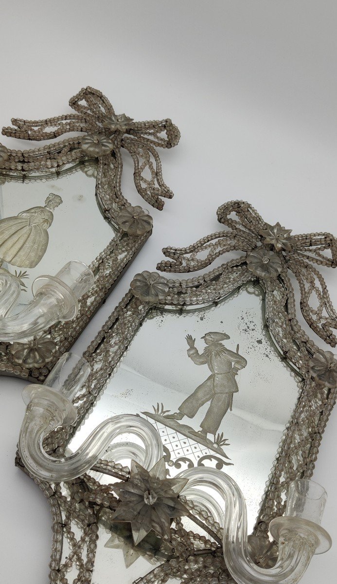 Pair Of Mirrors Decorated With Pierrot And Columbine 