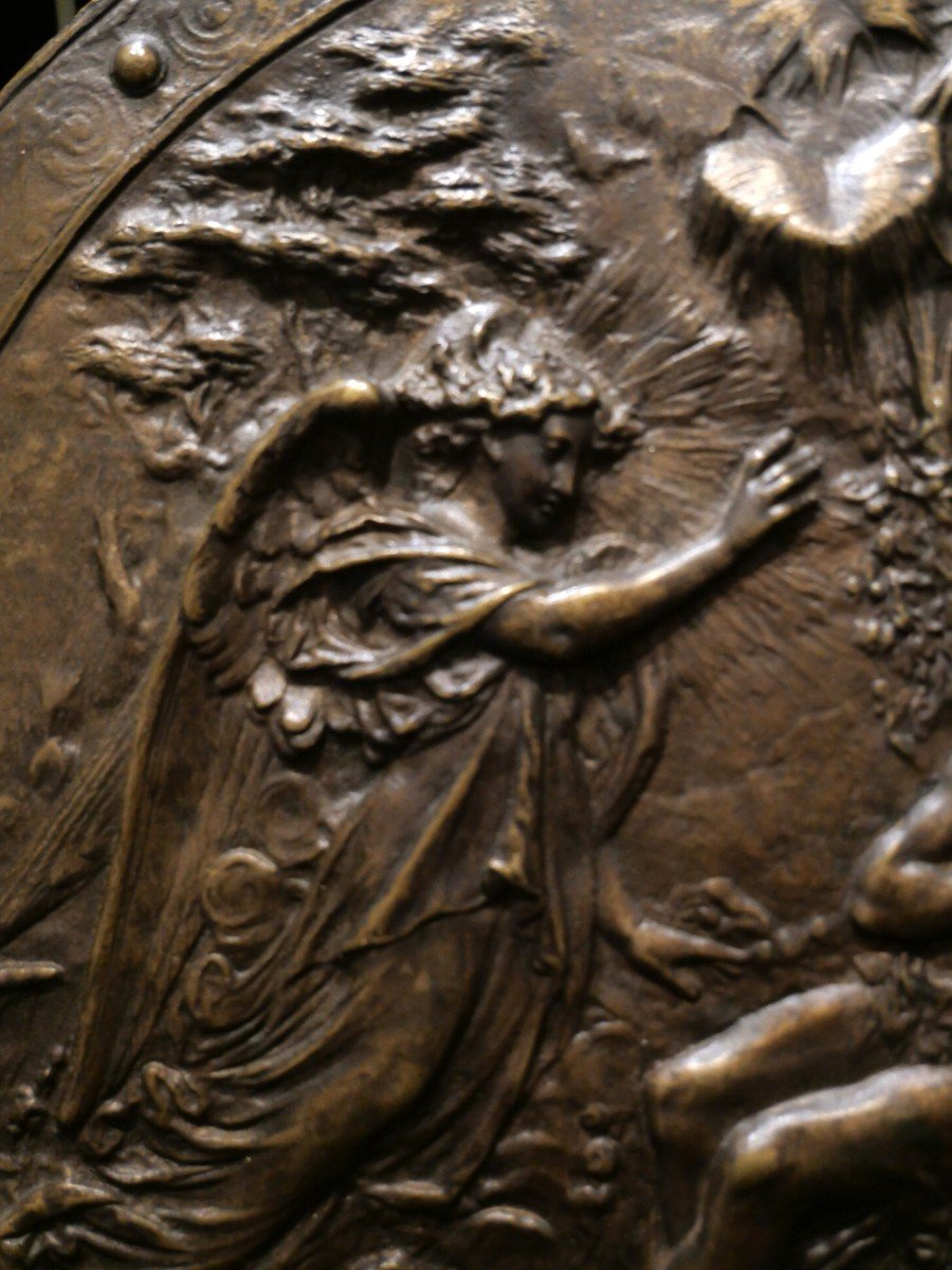 Médaillon En Bronze l'Archange Michel Chassant Adam Et Eve Du Paradis-photo-3