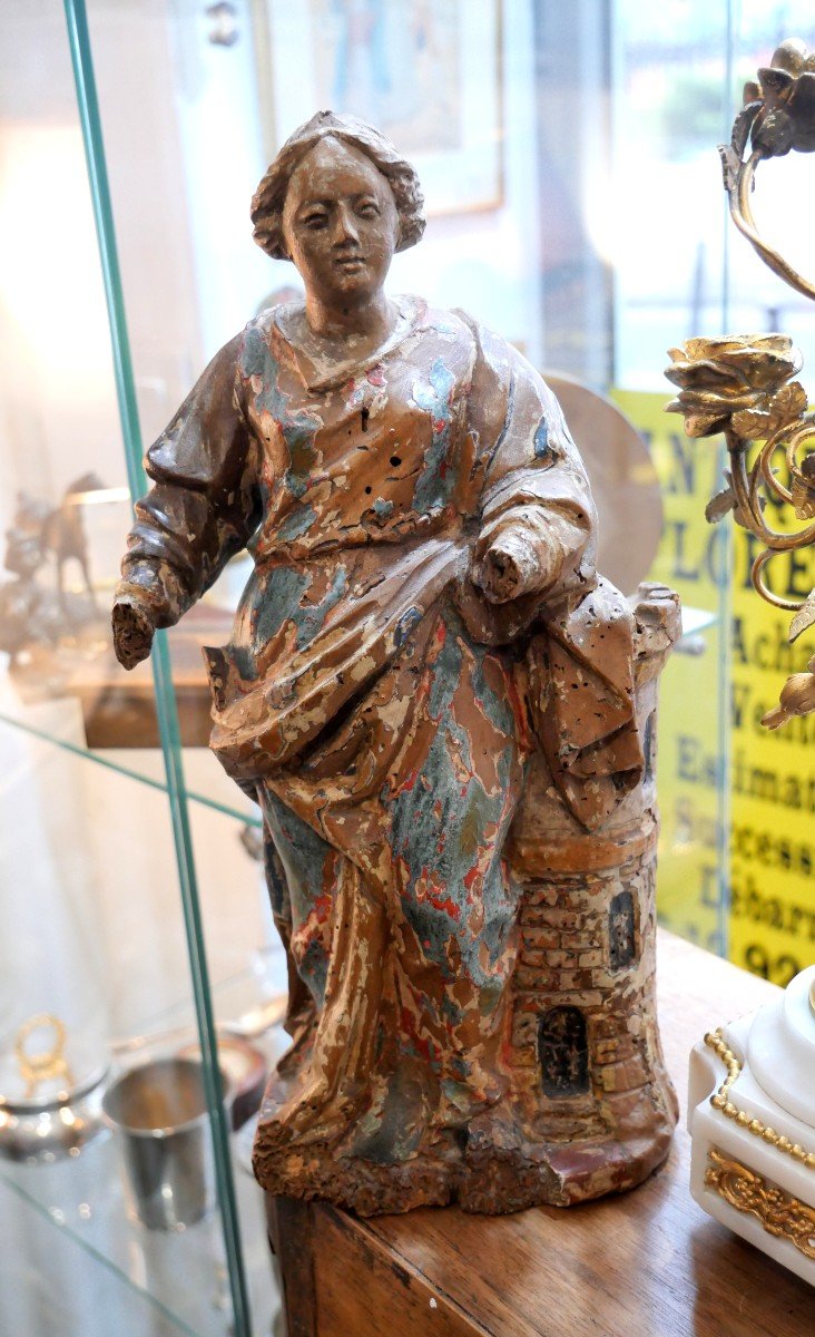 Saint Barbara In Carved Wood 17th Century