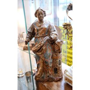 Saint Barbara In Carved Wood 17th Century