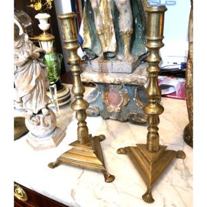 Pair Of 17th Century Solid Bronze Candlesticks