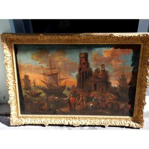 Oil On Canvas, 18th Century Port Scene