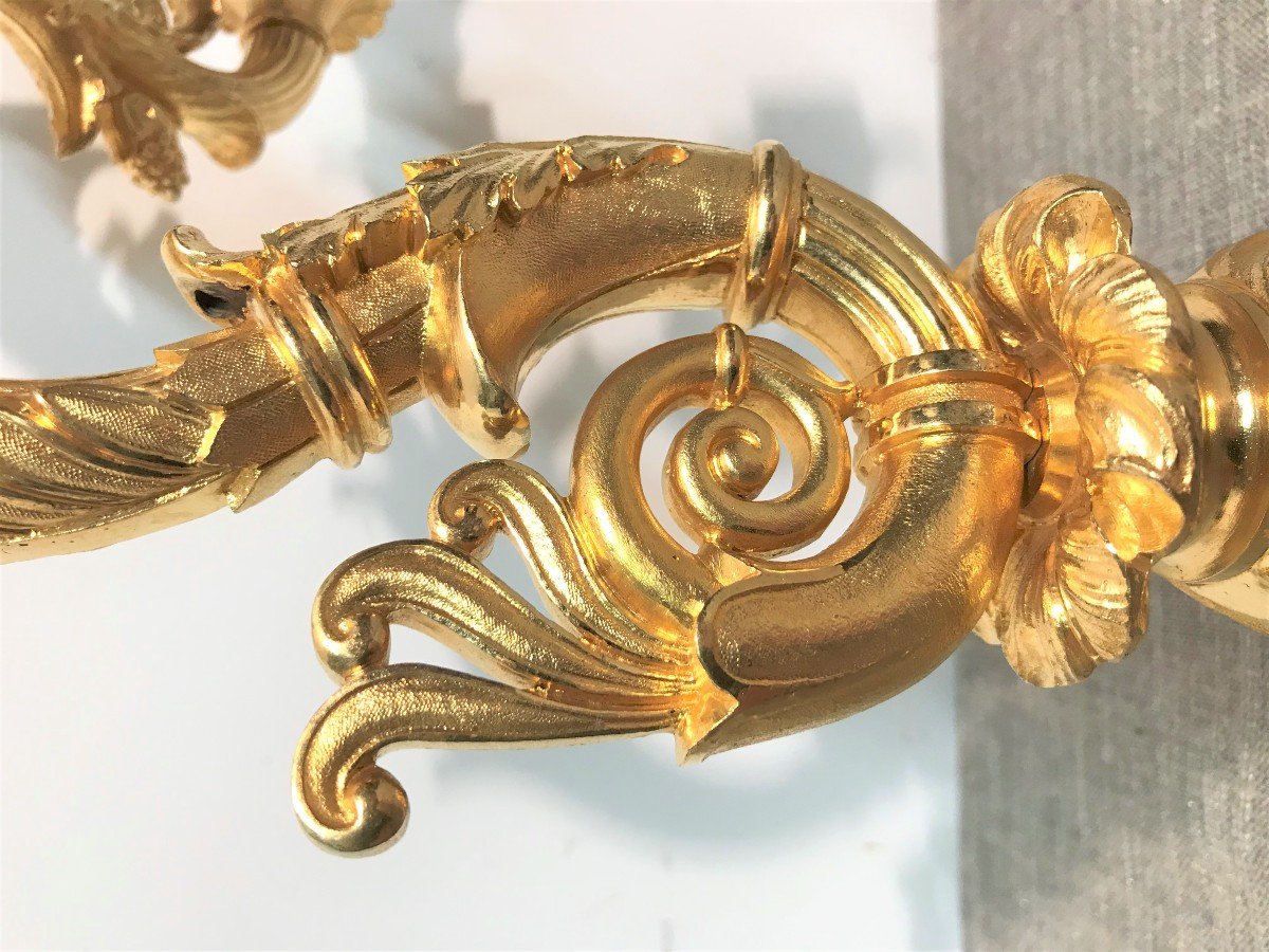 Large Pair Of Gilt Bronze Sconces, Restoration Period-photo-4