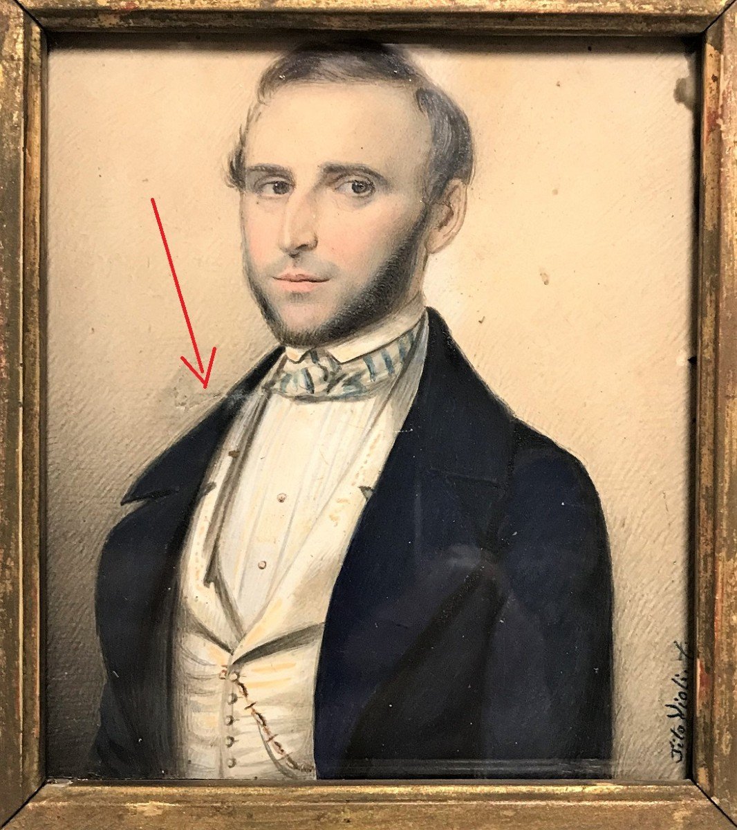 Tableau gouache sur portrait d'homme signé Jito Violi  ? XIXème siècle-photo-3