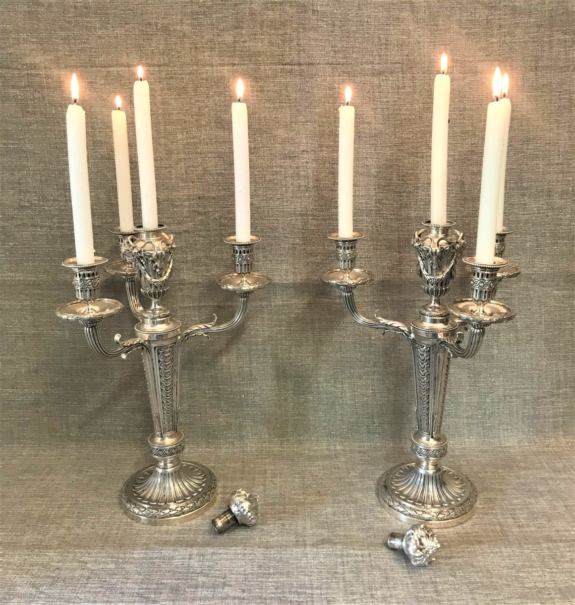 Pair Of Louis XVI Style Candelabras In Silvered Bronze-photo-2