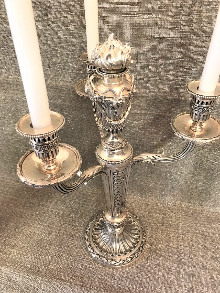 Pair Of Louis XVI Style Candelabras In Silvered Bronze-photo-4