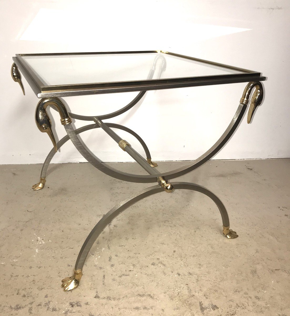 Jansen House Coffee Table In Brushed Metal And Brass From The 1970s.-photo-2