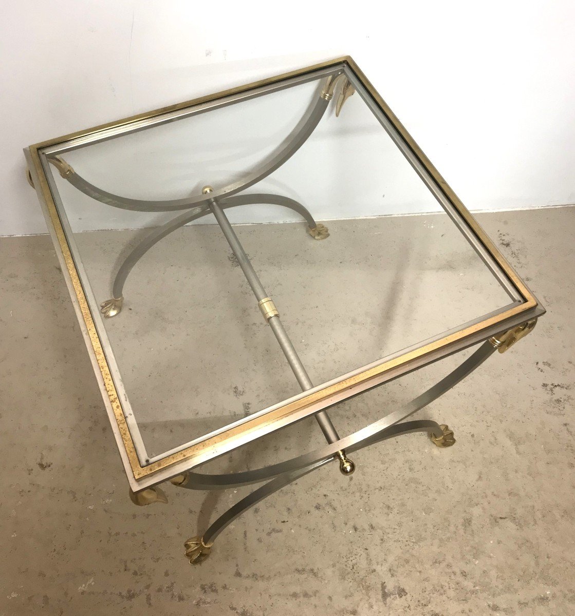 Jansen House Coffee Table In Brushed Metal And Brass From The 1970s.-photo-3