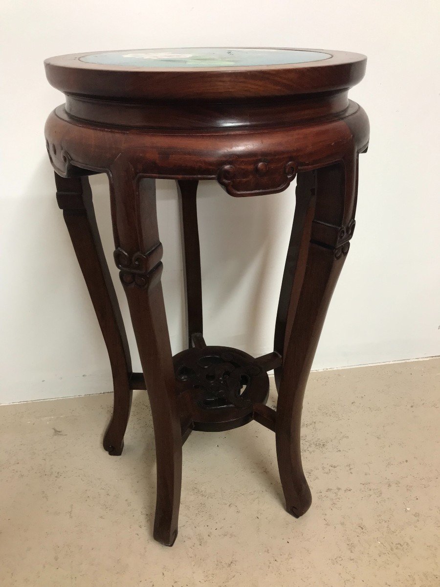 Japanese Mahogany Pedestal Table, Cloisonné Enamel Top, 20th Century-photo-3