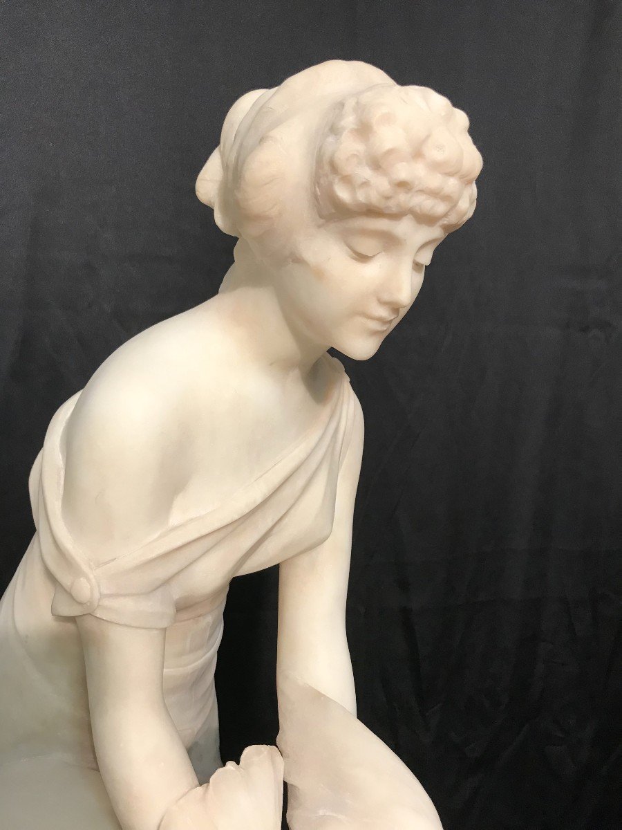 Alabaster Sculpture Young Carrier Pigeon Girl By Pittaluga Carlo-photo-2