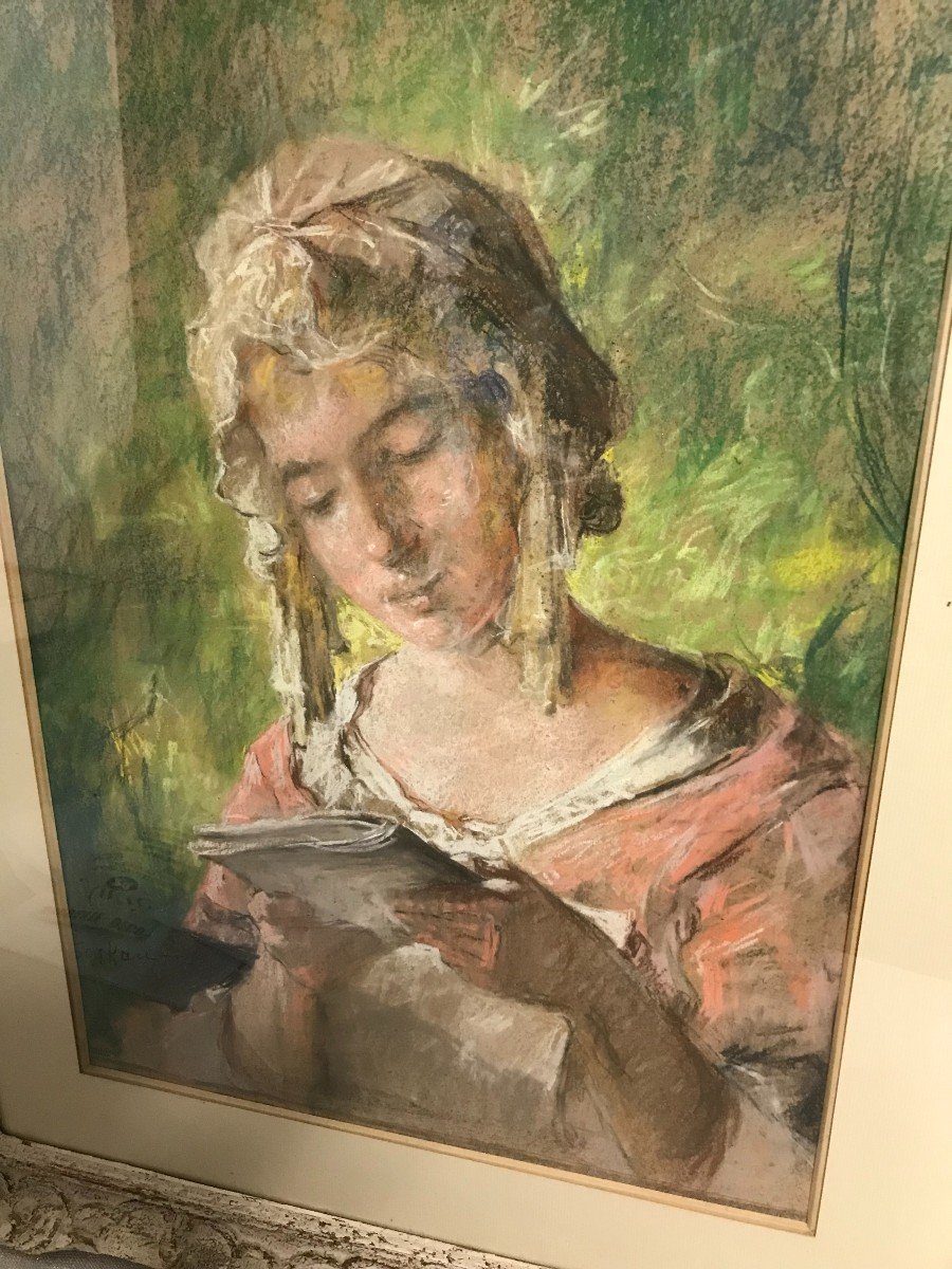 Pastel Painting Young Woman Reading-photo-1