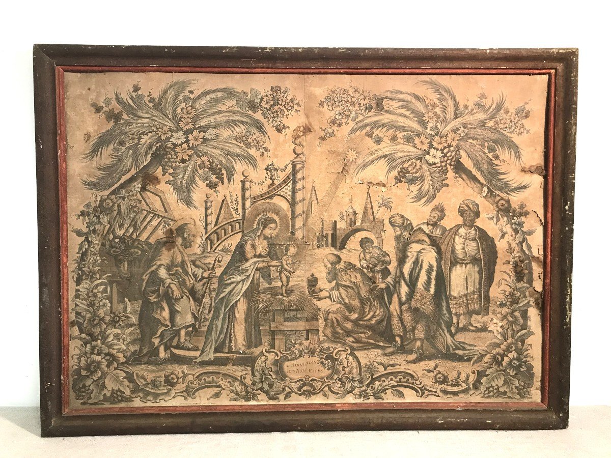 Large Color Engraving The Adoration Of The Three Wise Men 18th Century