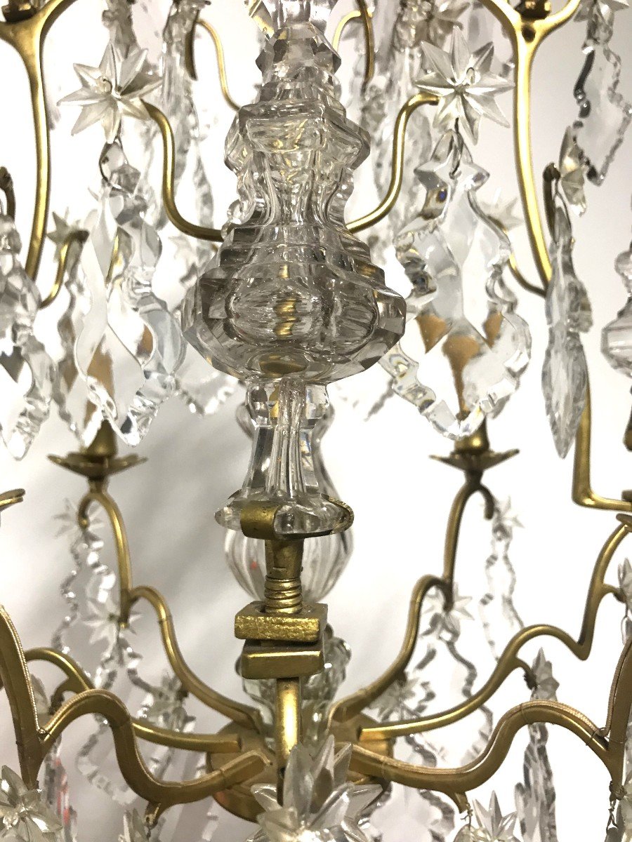 Lustre cage époque Louis XV 18ème siècle à pampilles de cristal et bronze doré-photo-2