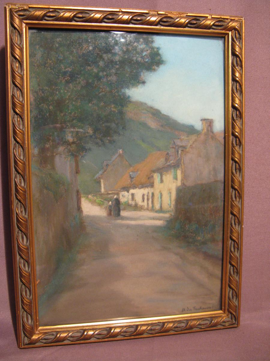 Pastel scène de village début XX ème siècle