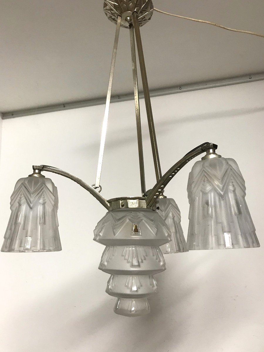 Art Deco Chandelier Nickel Bronze And Glass-photo-2