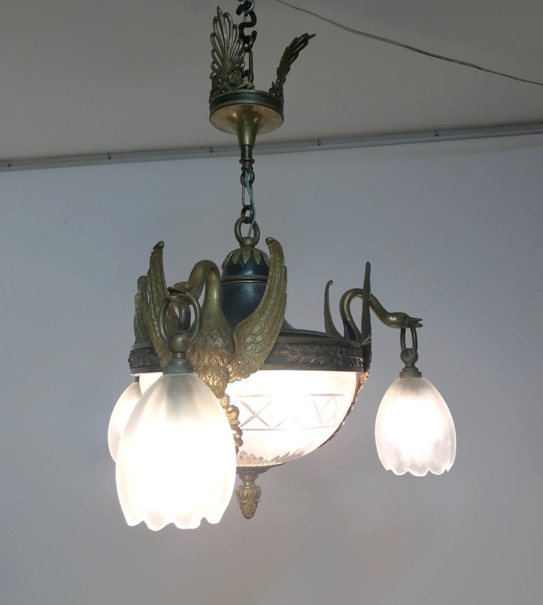 Empire Style Bronze And Glass Swan Chandelier -photo-3