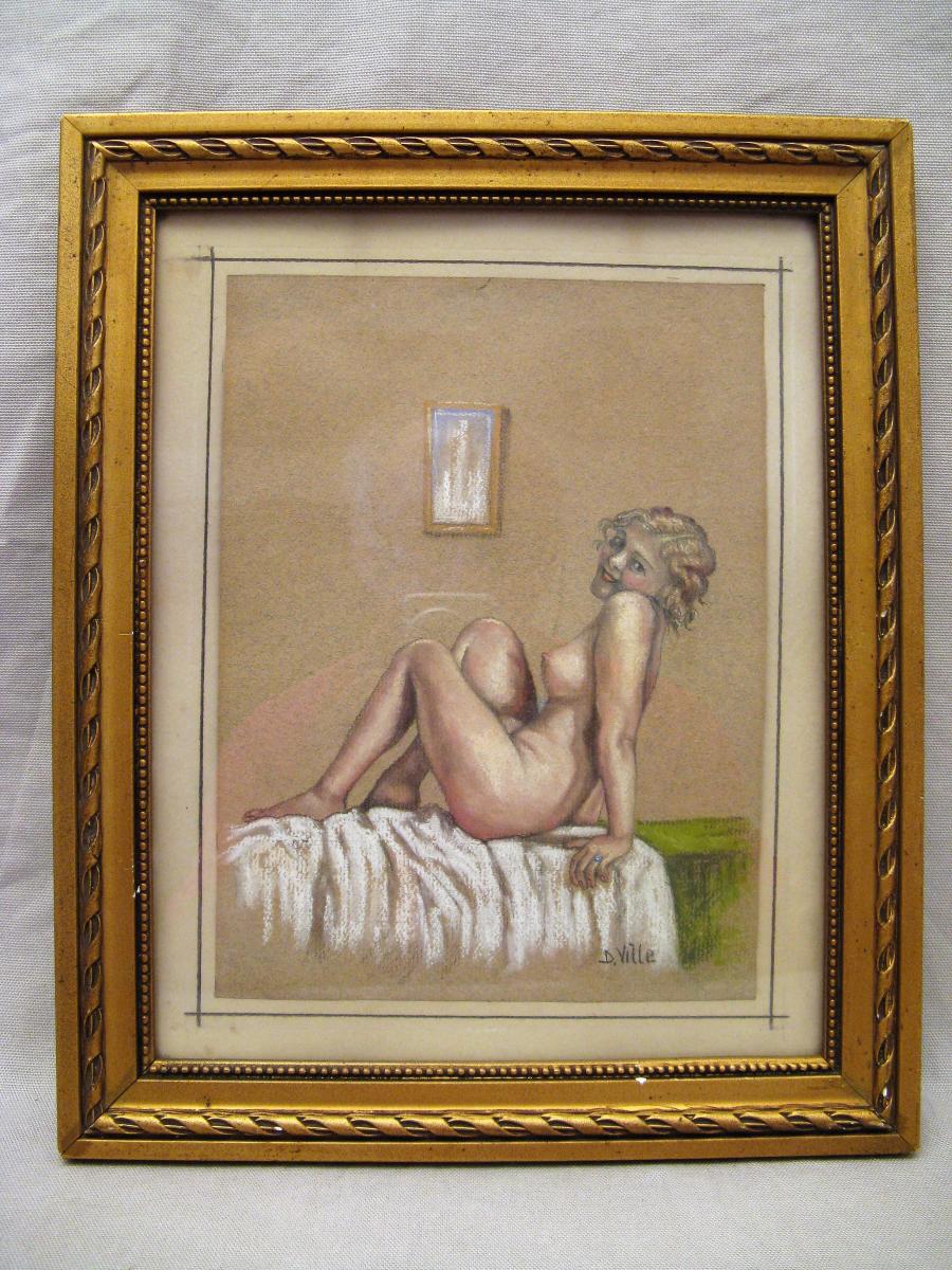 Female Nude Art Deco Drawing Signed D. City