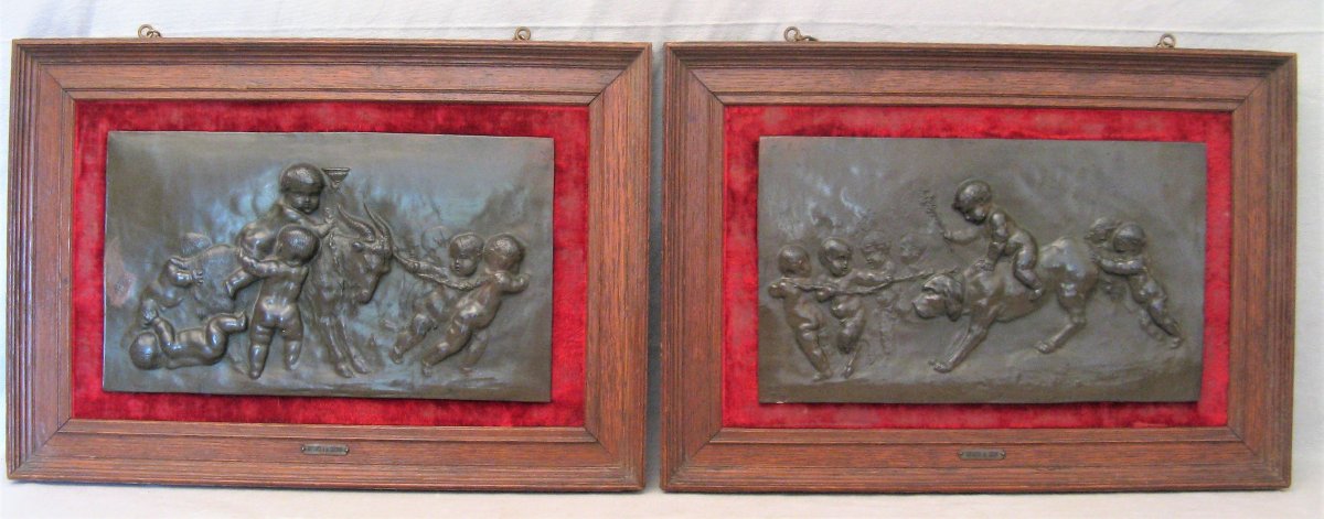 Two Bas Reliefs In Bronze Signed Alfred Borrel: The Loves Nineteenth Century