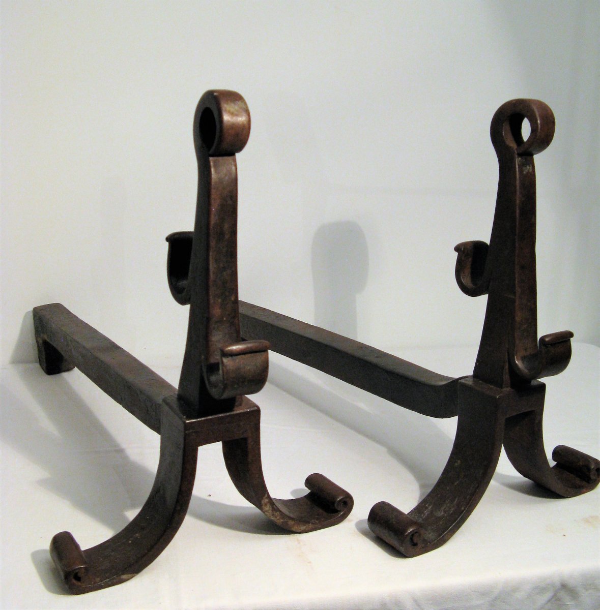 Pair Of Art Deco Andirons In Wrought Iron