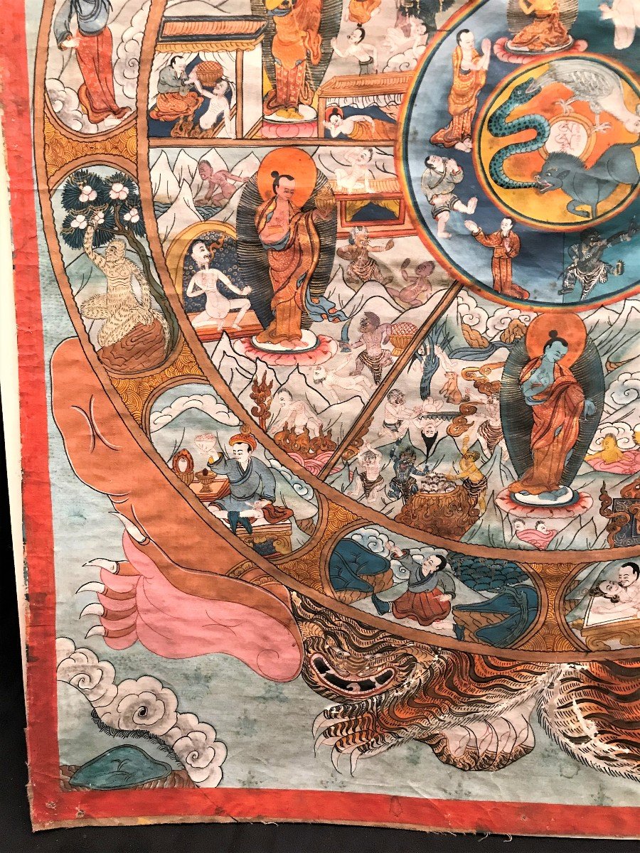 Gouache On Canvas Thangka Bhavacakra XIXth Century-photo-4