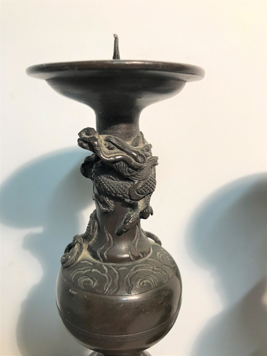 Pair Of Spades Candles With Dragons In Bronze XIXth Century-photo-2