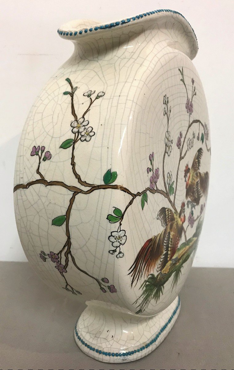 Vase en céramique de Tergnier à décor d'un combat de coqs XIXème siècle-photo-3